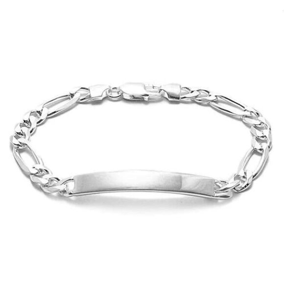 ELEGANT 7MM (180 GAUGE) STERLING SILVER FIGARO LINK ID BRACELET ENGRAVABLE PLATE - Picture 2 of 4